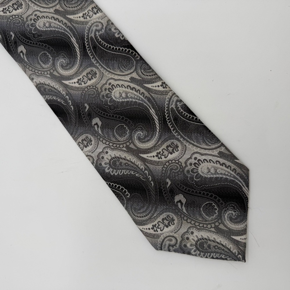 Bergamo New York Mens Paisley Necktie Gray Black Silver Woven Formal